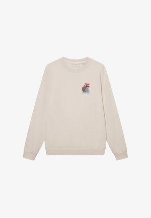 Lichtbeige sweatshirt gemaakt van zachte materialen, met een kleine kleurrijke grafische print op de borst, lange mouwen en geribde manchetten.