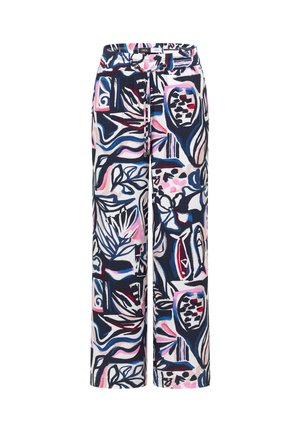 Pantalon à jambes larges avec taille élastique et cordon de serrage, présentant un imprimé floral et géométrique abstrait en bleu marine, rose, blanc et rouge.