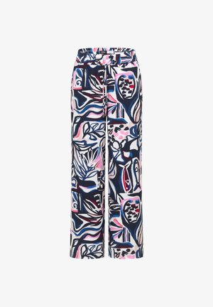Weit geschnittene Hosen mit elastischem Bund und Kordelzug, versehen mit einem abstrakten Blumen- und Geometriemuster in Marineblau, Pink, Weiß und Rot.