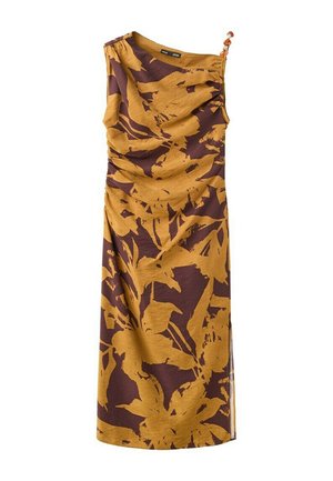 Robe midi sans manches avec motif floral abstrait marron et moutarde, avec des détails froncés et une bretelle perlée sur une épaule.