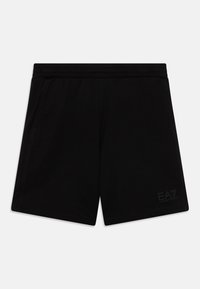 Shorts de sport noirs en tissu doux, dotés d'une taille élastique et de poches latérales. Comprend un logo de marque discret sur le devant.