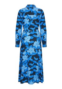 Niebieska sukienka w kwiaty z długimi rękawami, kołnierzykiem i ściągniętą talią. Wykonana z lekkiego materiału, ma zwiewny dół.