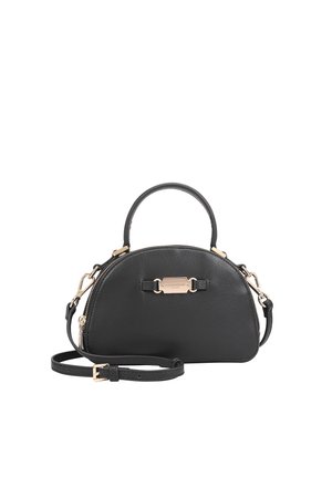 Black leather semi-circular handbag with top handle, adjustable shoulder strap, gold-tone zipper, and decorative gold plate on front.