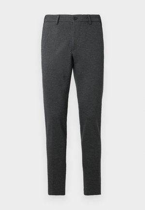 Dark gray trousers made from a textured fabric. Fitted design with a straight leg, featuring a single button closure and belt loops.