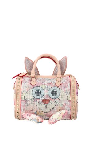 Pink handbag with bunny face design, large eyes, nose, mouth, two ears sticking up, two small paws, and studded trim on sides.