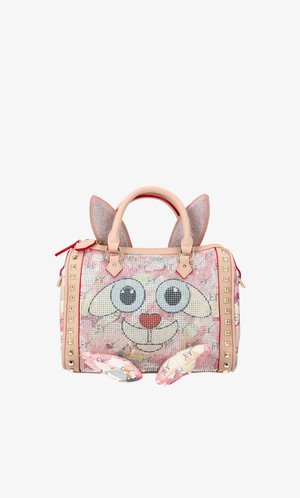 Pink handbag with bunny face design, large eyes, nose, mouth, two ears sticking up, two small paws, and studded trim on sides.
