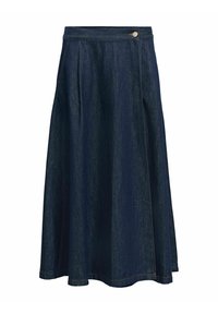 Jupe en denim sombre avec un design évasé, dotée d'une fermeture à boutons à la taille et de plis pour plus de texture.