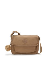 Braune rechteckige Schultertasche mit Vordertaschenklappe, verstellbarem Tragegurt, runder Logopatch und einem kleinen Plüsch-Affen-Schlüsselanhänger.