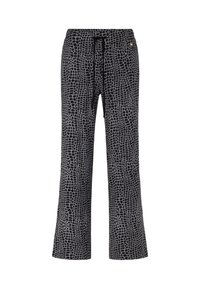 Zwart-grijze broek met een patroon in krokodillenhuid textuur. Heeft een wijd uitlopende snit en een verstelbare trekkoord taille.