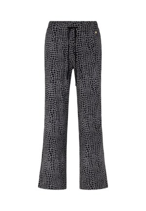Schwarz-graue Hosen mit einem strukturierten Krokodilhaut-Design. Sie verfügen über einen weiten Schnitt und einen verstellbaren Kordelzugbund.