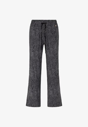 Schwarz-graue Hosen mit einem strukturierten Krokodilhaut-Design. Sie verfügen über einen weiten Schnitt und einen verstellbaren Kordelzugbund.