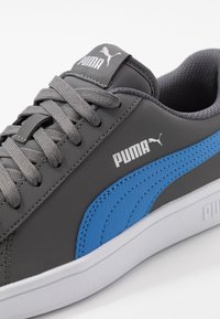 Šedé tenisky s modrými akcenty, vyrobené ze syntetického materiálu, s texturovaným logem, kulatými tkaničkami a bílou podrážkou.