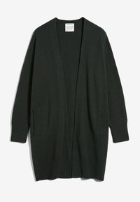 Mörkgrön stickad cardigan med öppen front, långa ärmar och två sidofickor. Har ribbade ärmslut och fåll för extra textur.