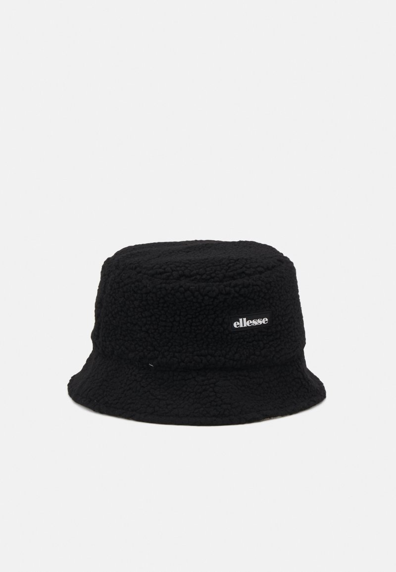 Black bucket hat made of textured fleece. Features a square crown and a wide, floppy brim. Includes a small logo patch.