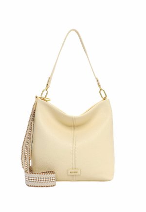 Kremo spalvos tekstūruota odinė rankinė su lenktu viršutiniu rankena, auksinėmis detalėmis ir nuimamu pintu peties dirželiu su baltu ir rudu raštu.