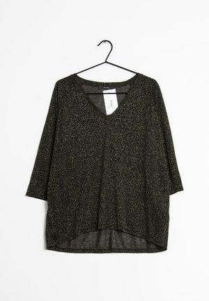 Haut noir avec des paillettes dorées, design en V, manches trois-quarts, coupe ample et ourlet incurvé. Le matériau semble léger et texturé.