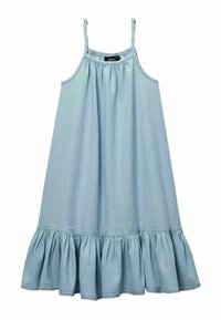 Robe en denim bleu clair avec des bretelles spaghetti, encolure froncée et ourlet à volants évasés. Fabriquée en tissu doux et léger.