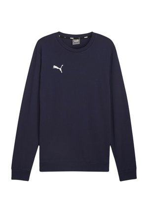 Marineblauwe sweatshirt met lange mouwen van gladde stof, voorzien van een ribgebreide ronde hals en een witte Puma-logo op de borst.