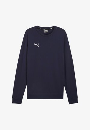 Marineblaues Langarm-Sweatshirt aus glattem Stoff, mit einem gerippten Rundhalsausschnitt und einem weißen Puma-Logo auf der Brust.