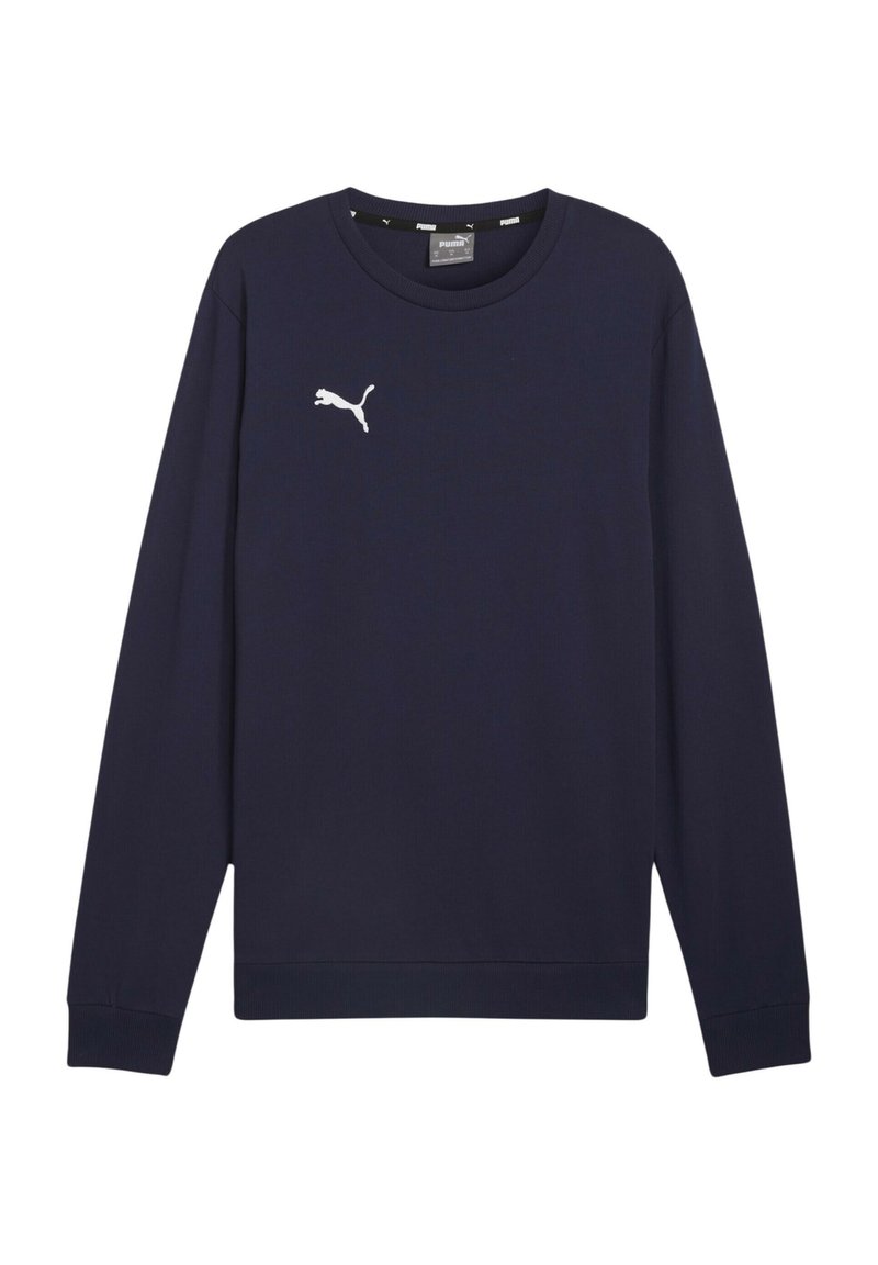 Felpa a maniche lunghe blu navy in tessuto liscio, con collo rotondo a coste e un logo Puma bianco sul petto.