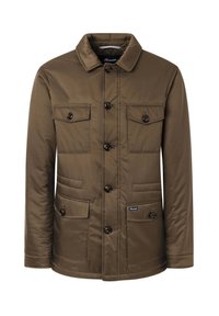 Chaqueta acolchada marrón con cuello, cierre de botones en la parte frontal, dos bolsillos en el pecho y dos bolsillos laterales. Presenta costuras sutiles y una etiqueta de logo.