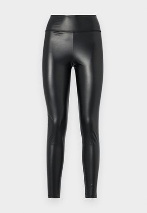 Leggings en cuir noir avec une taille haute, présentant une finition brillante, une texture lisse et un design ajusté.