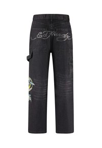 Black denim cargo pants with printed design featuring an eye, logo on back pockets, and side pocket. Straight fit, medium weight fabric.