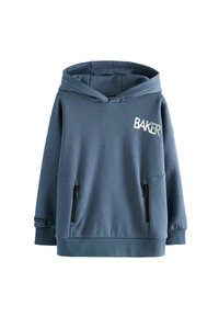 Felpa con cappuccio blu con logo "BAKER" bianco, dotata di tasche a marsupio con zip e polsini e orlo a coste. Tessuto morbido.