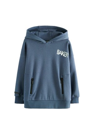 Felpa con cappuccio blu con logo "BAKER" bianco, dotata di tasche a marsupio con zip e polsini e orlo a coste. Tessuto morbido.