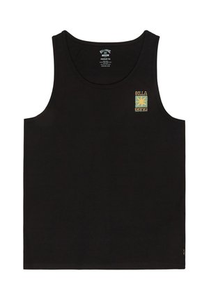 Černé tílko bez rukávů s malým zeleno-žlutým logem Billabong na levé straně hrudi.