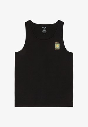 Černé tílko bez rukávů s malým zeleno-žlutým logem Billabong na levé straně hrudi.