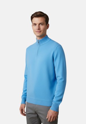 Giovane uomo che indossa un maglione azzurro chiaro con zip al quarto e pantaloni grigi, in piedi davanti a uno sfondo bianco uniforme.
