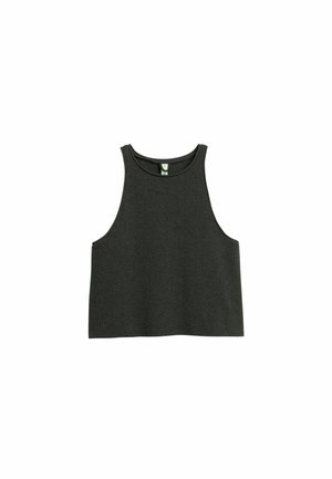 Donkergrijze cropped tanktop met een geribbelde textuur, brede armsgaten en een ronde hals. Gemaakt van een glad, rekbaar stof.