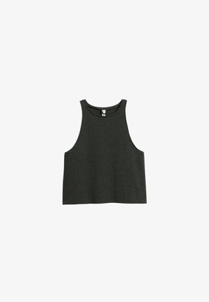 Donkergrijze cropped tanktop met een geribbelde textuur, brede armsgaten en een ronde hals. Gemaakt van een glad, rekbaar stof.