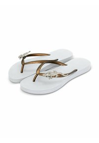 Des tongs avec une semelle blanche texturée, des brides en bronze ornées d'un accent décoratif en forme de lézard agrémenté de strass transparents.