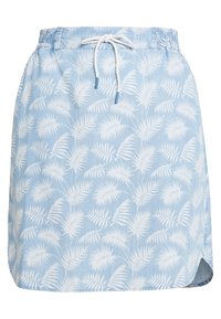 Svetle modrá sukně s bílým vzorem palmových listů, elastický pas, bílé stahovací šňůrky a malý boční rozparek na lemu.