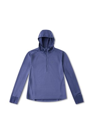 Hooded langemouwtop in gestructureerde diepblauwe stof, met een halve rits en contrasterende geprinte manchetten.