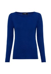 Pull bleu à manches longues en tissu tricoté doux et texturé. Il présente un col bateau et une silhouette ajustée avec un minimum de détails.