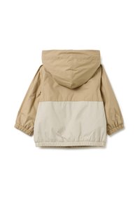 Beige Kapuzenjacke mit einem cremefarbenen unteren Abschnitt, elastischen Bündchen und einem elastischen Saum. Glattes, leichtes Material mit minimalen Nähdetails.