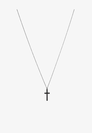 Fekete fémlánc minimalista kereszttel. A kereszt matt felületű, modern és letisztult megjelenést kölcsönöz.