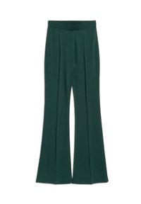 Pantalones acampanados de un verde oscuro con una textura suave, que presentan pliegues en la parte delantera y una cinturilla ancha. Diseñados con un ajuste holgado.