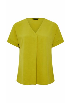Limoengroene blouse met korte mouwen, V-hals en voorplooi, gemaakt van gestructureerde stof.