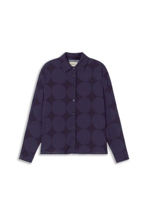 Button-up shirt in dark purple with large circular patterns. Features a collared neckline and long sleeves, made from smooth fabric.