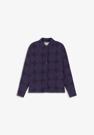 Button-up shirt in dark purple with large circular patterns. Features a collared neckline and long sleeves, made from smooth fabric.