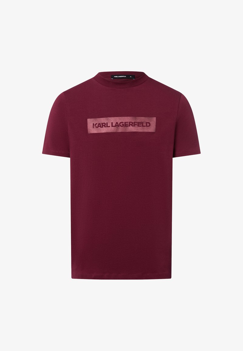 Bordowy t-shirt z krótkim rękawem wykonany z bawełny, z teksturowanym naszywką z logo "KARL LAGERFELD" z przodu.