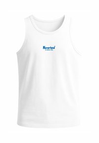 Weißes Baumwoll-Tanktop mit rundem Halsausschnitt und blauem Drucktext "Neverless la dolce vita" auf der Vorderseite. Schlichtes, ärmelloses Design.