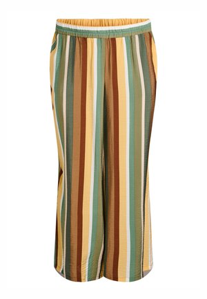 Weit geschnittene Hose mit vertikalen Streifen in Senf, Grün, Braun und Creme, mit elastischem Bund und seitlichen Taschen.
