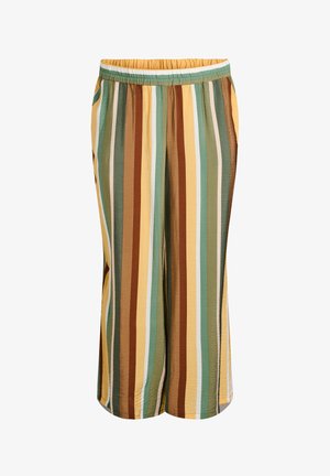 Weit geschnittene Hose mit vertikalen Streifen in Senf, Grün, Braun und Creme, mit elastischem Bund und seitlichen Taschen.