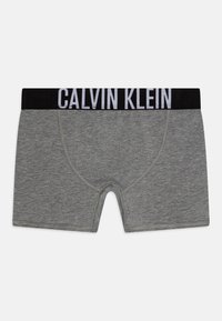 Grijze katoenen boxershorts met een zwarte tailleband waarop "CALVIN KLEIN" in witte letters staat. Soepele textuur en modern ontwerp.