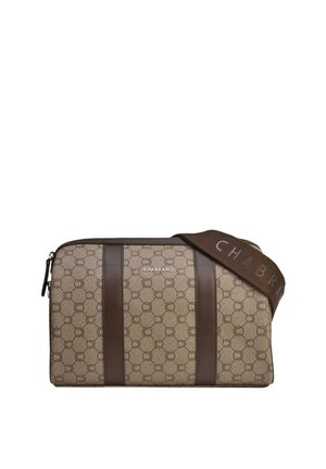 Sac bandoulière Chabrand beige et marron avec motif circulaire, deux bandes verticales en cuir, fermeture éclair et large bandoulière avec logo.